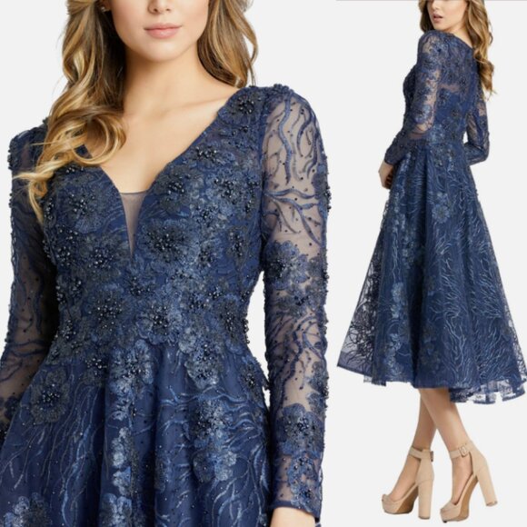 MAC DUGGAL 20286 EMBELLISHED PLUNGE NECK ILLUSIONS LONG SLEEVE MIDNIGHT DRESS 12 - Picture 2 of 5